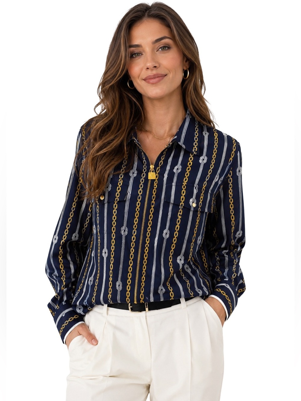 MICHAEL Michael Kors Chain Rope Print Zip Front Blouse Navy Gold Plus Size 1X
